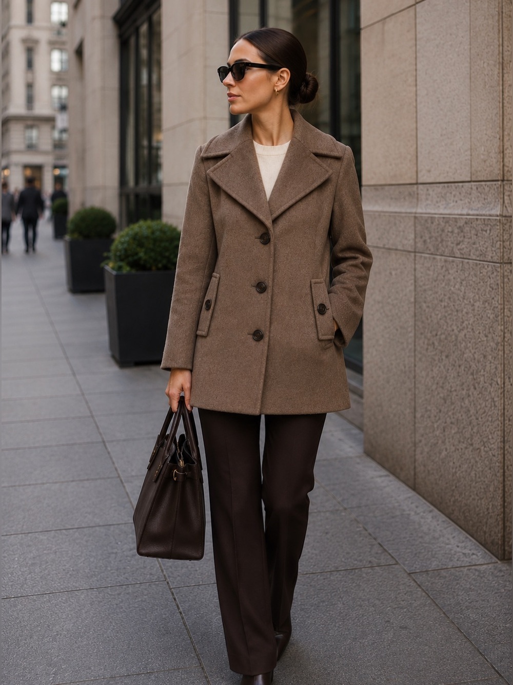 CALVIN KLEIN Women's Tan Wool Silk Single Breast Pea Coat 14 NEW
